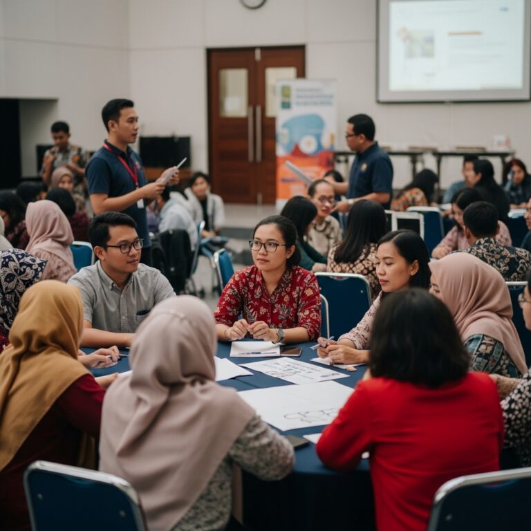 Suasana diskusi kelompok layanan konseling dan psikologi di Semarang bersama PsikologAnda.com, menunjukkan peserta sedang berdiskusi aktif dalam ruangan seminar.